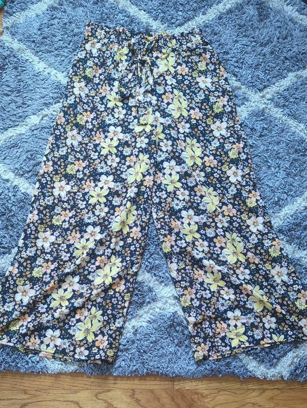 Sienna Sky Black Wide Leg Elastic Waist Pants with Yellow & White Floral Print